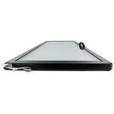 A rectangular Empura Refrigeration device viewed from a low side angle, showing a flat glass door surface with a black frame. Wires with connectors extend from the left side, and a circular black loop is attached on top. The background is plain white.