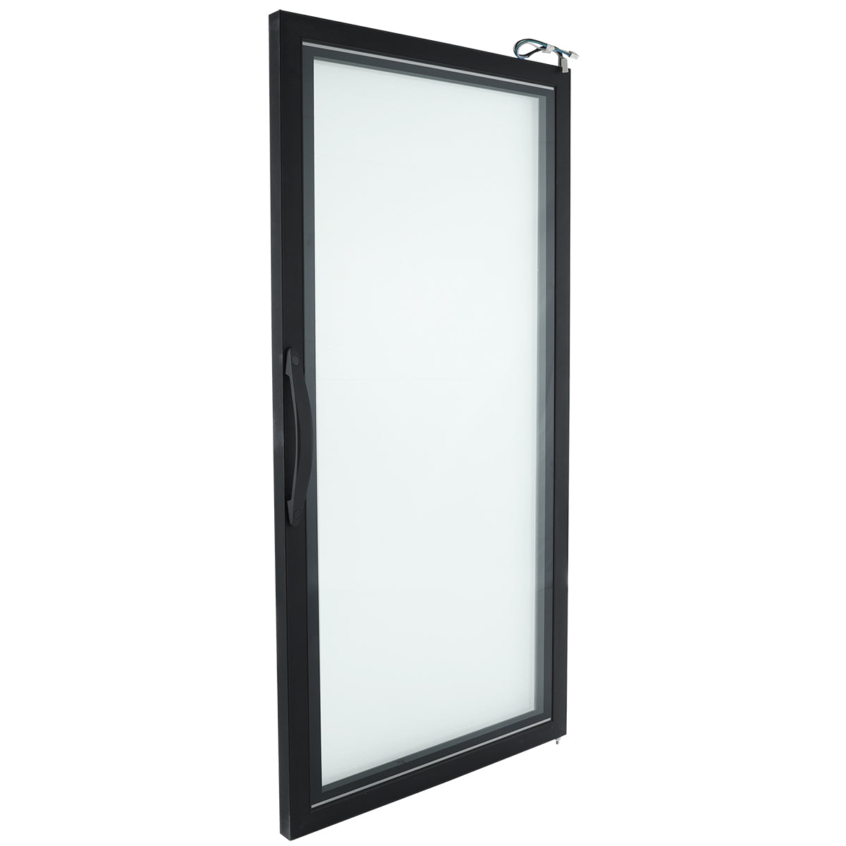 A single, rectangular Glass Door with a black metal frame stands open at an angle. The door features a vertical handle on the left and a latch mechanism at the top right corner, with its frosted glass panel occupying most of the Empura Parts design.