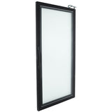 A single, rectangular Glass Door with a black metal frame stands open at an angle. The door features a vertical handle on the left and a latch mechanism at the top right corner, with its frosted glass panel occupying most of the Empura Parts design.