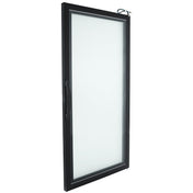 A single, rectangular Glass Door with a black metal frame stands open at an angle. The door features a vertical handle on the left and a latch mechanism at the top right corner, with its frosted glass panel occupying most of the Empura Parts design.