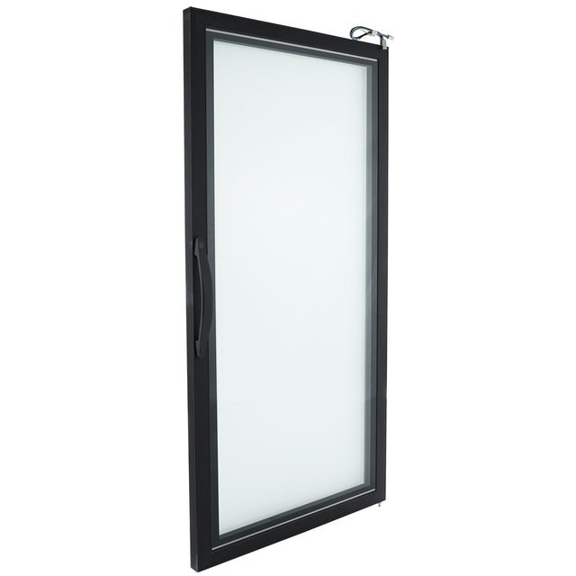 A single, rectangular Glass Door with a black metal frame stands open at an angle. The door features a vertical handle on the left and a latch mechanism at the top right corner, with its frosted glass panel occupying most of the Empura Parts design.