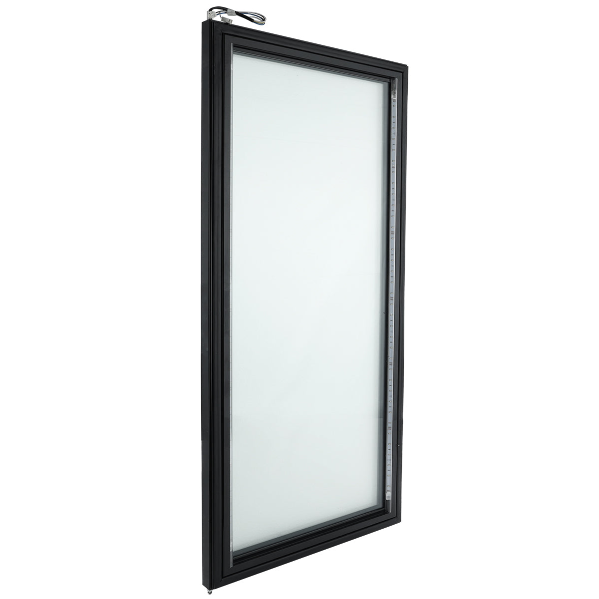 A tall, rectangular, black-framed glass door panel is shown standing upright at an angle against a white background. The window has a clear pane and a thin border, with a small cord visible at the top left corner.