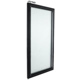 A tall, rectangular, black-framed glass door panel is shown standing upright at an angle against a white background. The window has a clear pane and a thin border, with a small cord visible at the top left corner.