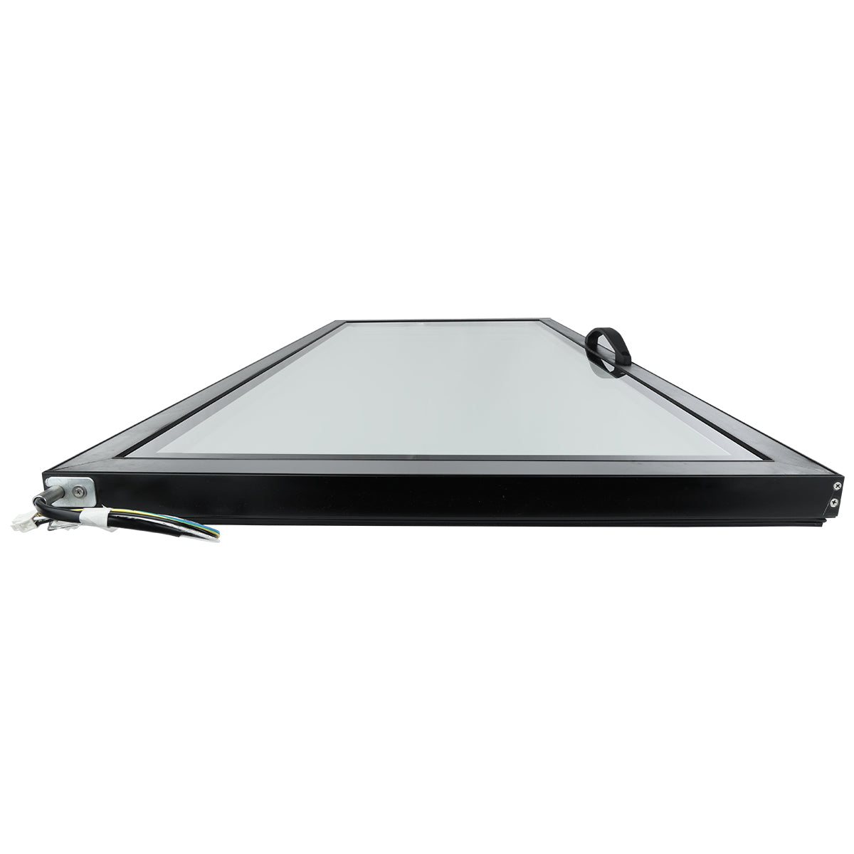 A rectangular, flat glass panel with a black frame is shown lying flat, viewed from the narrow edge. A set of wires and a loop handle are attached, suggesting this is an Empura Refrigeration Glass Door component. The background is plain white.