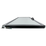 A rectangular, flat glass panel with a black frame is shown lying flat, viewed from the narrow edge. A set of wires and a loop handle are attached, suggesting this is an Empura Refrigeration Glass Door component. The background is plain white.