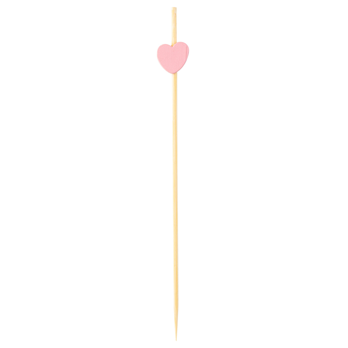 A wooden cocktail pick, crafted from bamboo pinewood, with a pointed end and a small flat pink heart near the top, set against a plain white background—perfect as decorative picks for any gathering.