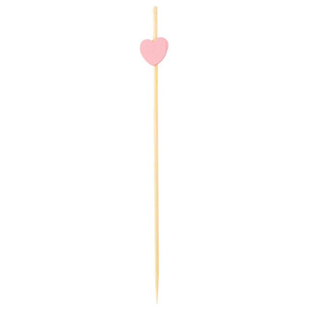 A wooden cocktail pick, crafted from bamboo pinewood, with a pointed end and a small flat pink heart near the top, set against a plain white background—perfect as decorative picks for any gathering.