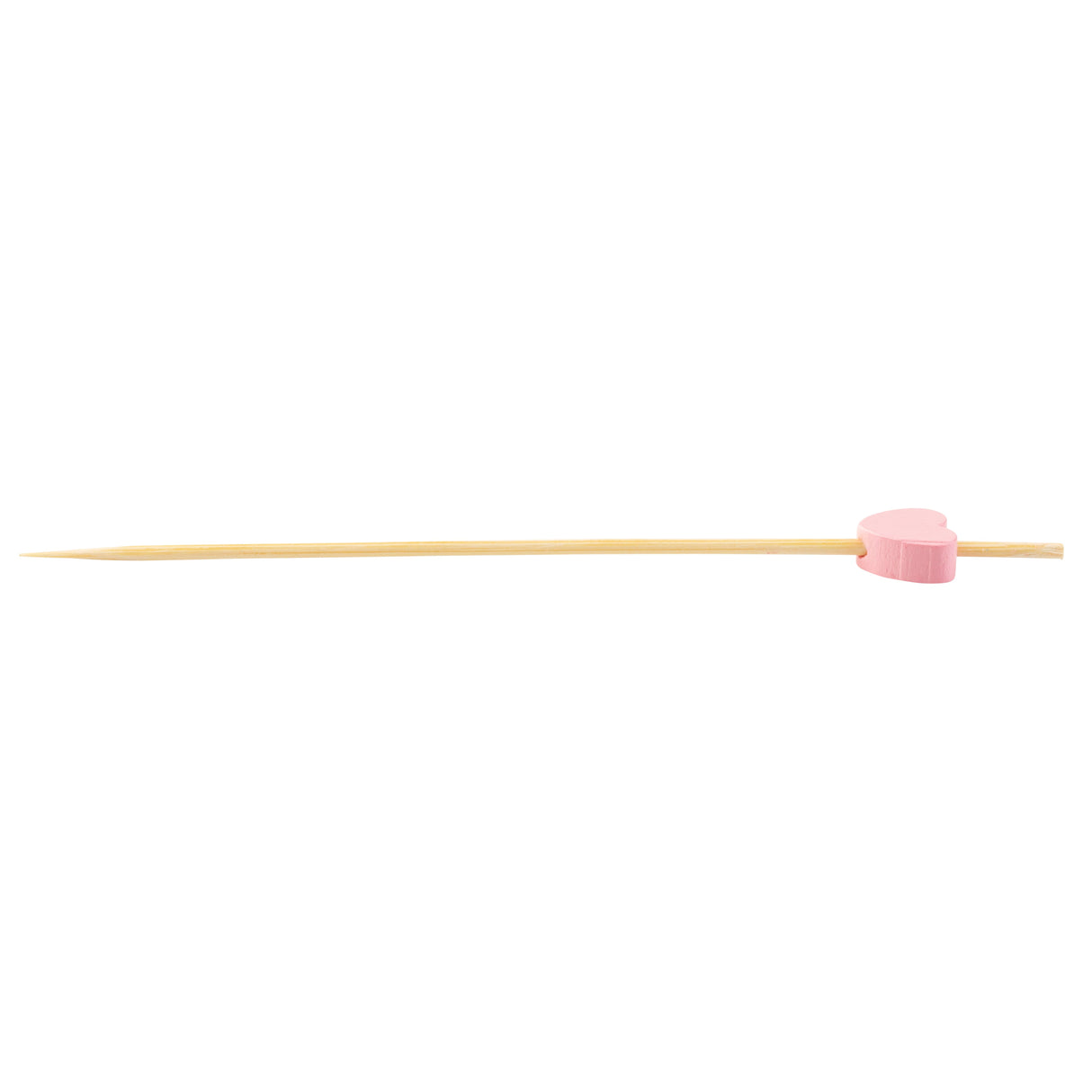 A TableCraft 11205 bamboo pinewood pick with a pointed tip features a small, pink, heart-shaped decoration near one end. The background is plain white, highlighting this charming example of decorative picks.