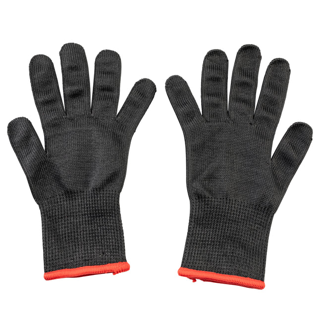 A pair of black, textured, knit Cut Resistant Gloves with orange trim at the cuffs, laid flat with palms facing up on a white background. The gloves appear thick and durable, ideal for protection during manual work or handling rough materials.