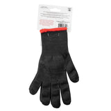 A single black, textured Cut Resistant Glove with a red cuff is displayed palm up. The glove is attached to white TableCraft packaging labeled with product information and a barcode at the top, photographed against a white background.