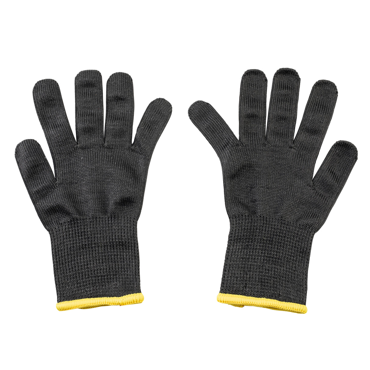 A pair of black, textured cut resistant gloves made of knitted material is shown laid flat, palms down. Each glove has a yellow trim at the wrist and a snug fit, displayed against a plain white background.