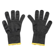 A pair of black, textured cut resistant gloves made of knitted material is shown laid flat, palms down. Each glove has a yellow trim at the wrist and a snug fit, displayed against a plain white background.
