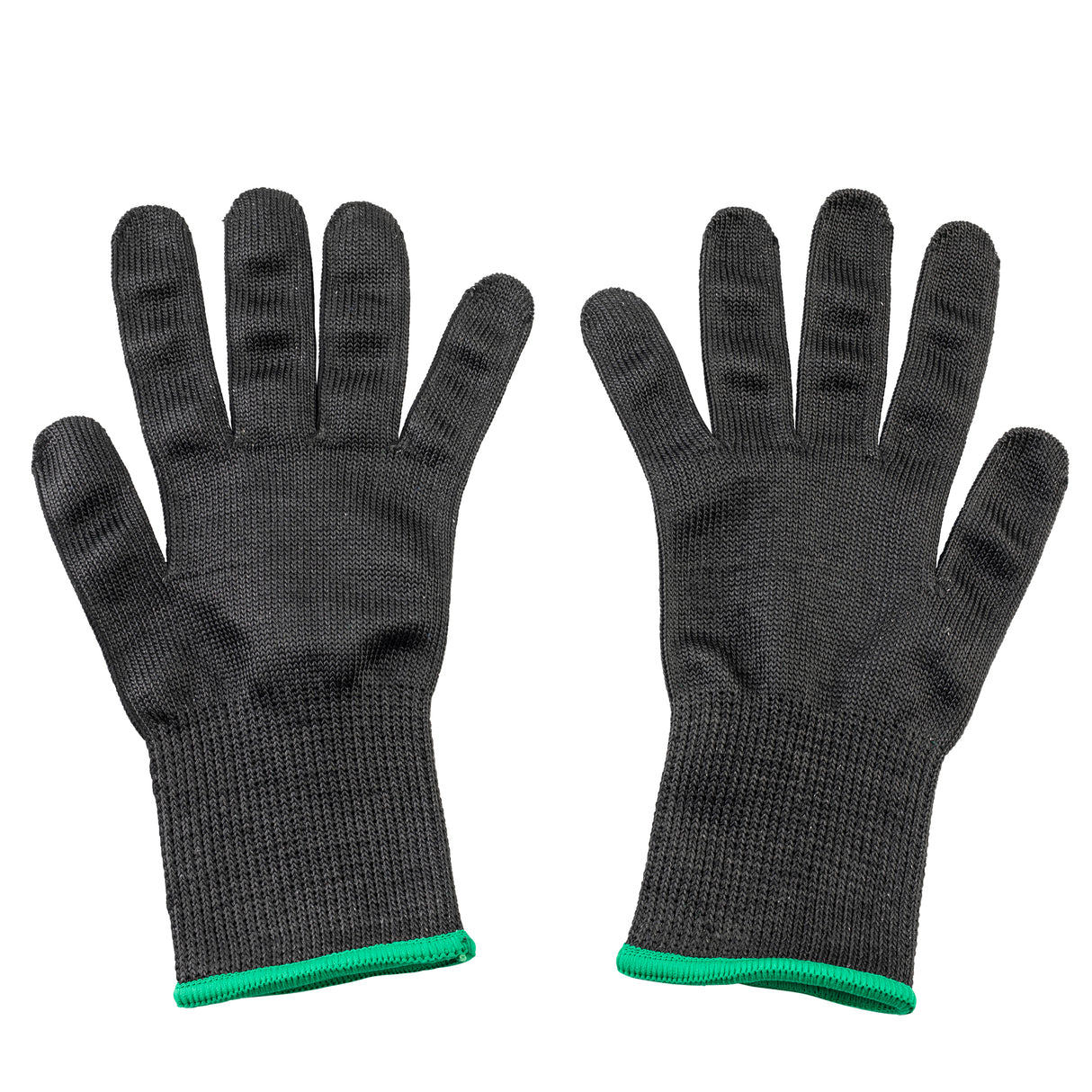 A pair of medium black, cut resistant gloves with green trim at the cuffs, shown palm up and flat against a white background. The textured gloves offer a snug fit and reliable hand protection during manual tasks.