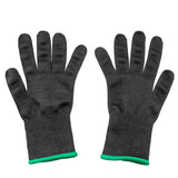 A pair of medium black, cut resistant gloves with green trim at the cuffs, shown palm up and flat against a white background. The textured gloves offer a snug fit and reliable hand protection during manual tasks.