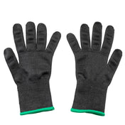 A pair of medium black, cut resistant gloves with green trim at the cuffs, shown palm up and flat against a white background. The textured gloves offer a snug fit and reliable hand protection during manual tasks.