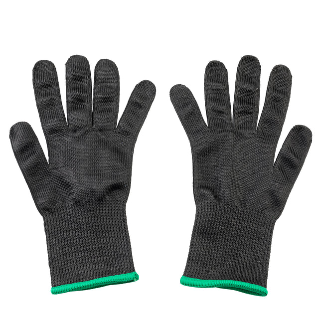 A pair of medium black, cut resistant gloves with green trim at the cuffs, shown palm up and flat against a white background. The textured gloves offer a snug fit and reliable hand protection during manual tasks.