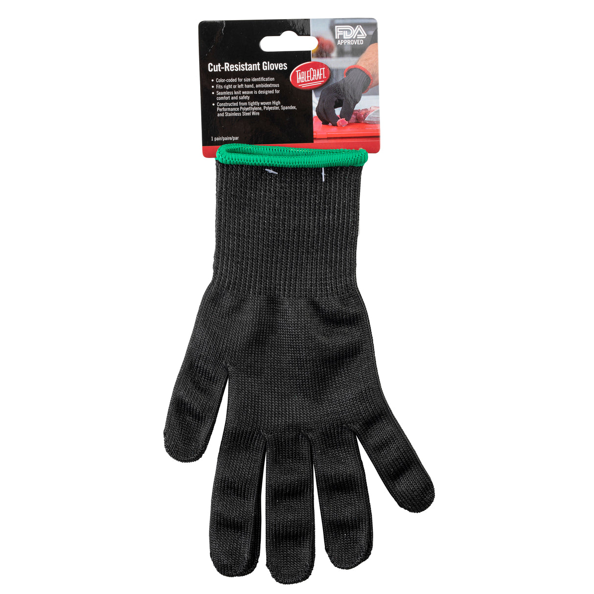 A single medium black cut resistant glove with green trim is attached to packaging. The packaging features product info, “Cut-Resistant Gloves,” and an image of a hand wearing the polyethylene glove while slicing food. FDA symbol appears in the corner.