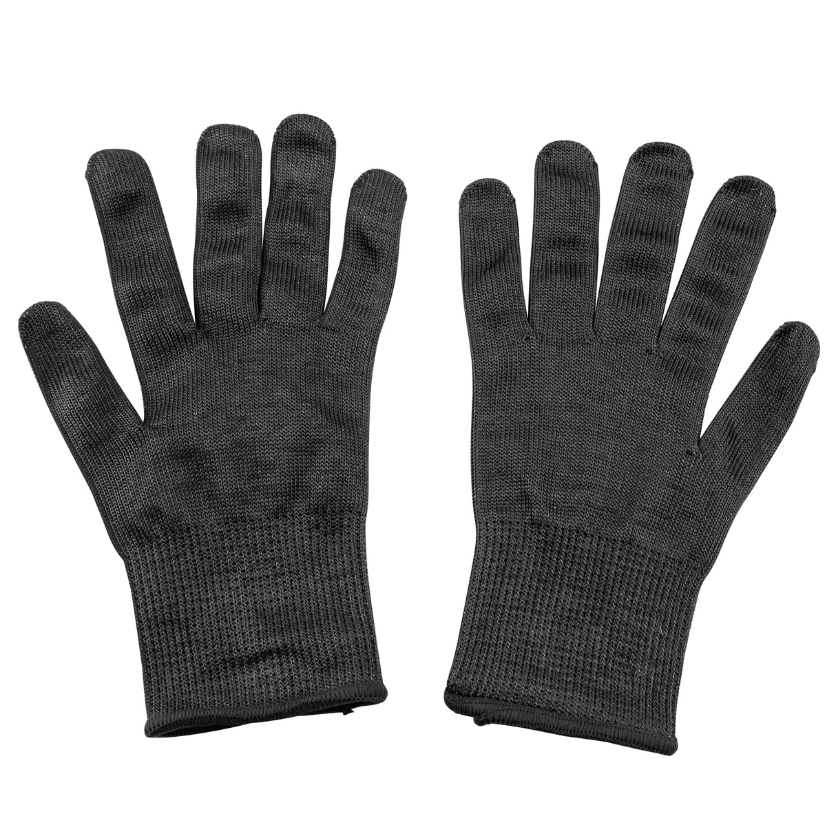 A pair of black, textured knit cut resistant gloves is shown side by side on a white background, palms facing upward. With ribbed cuffs and thick material, these x-large gloves are ideal for cold weather or tough work environments.