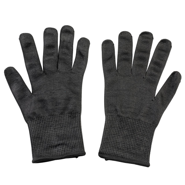 A pair of black, textured knit cut resistant gloves is shown side by side on a white background, palms facing upward. With ribbed cuffs and thick material, these x-large gloves are ideal for cold weather or tough work environments.