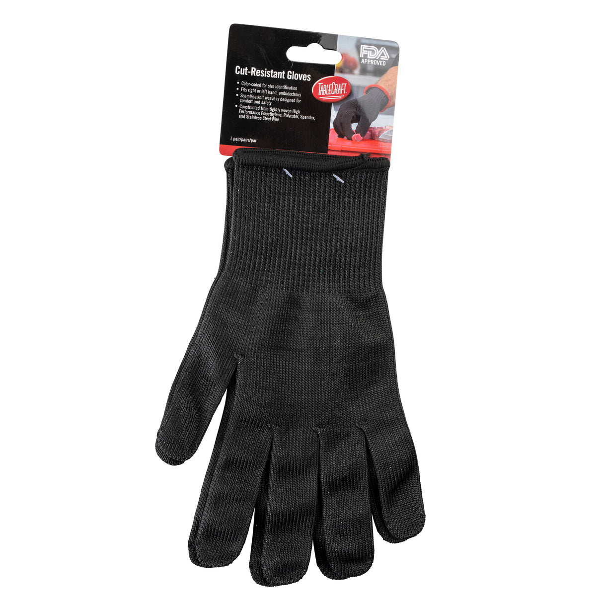 A single black cut resistant glove is displayed on a white background, attached to packaging labeled Cut-Resistant Gloves. The x-large glove is FDA approved, and the packaging shows gloved hands cutting food and includes product details in English.