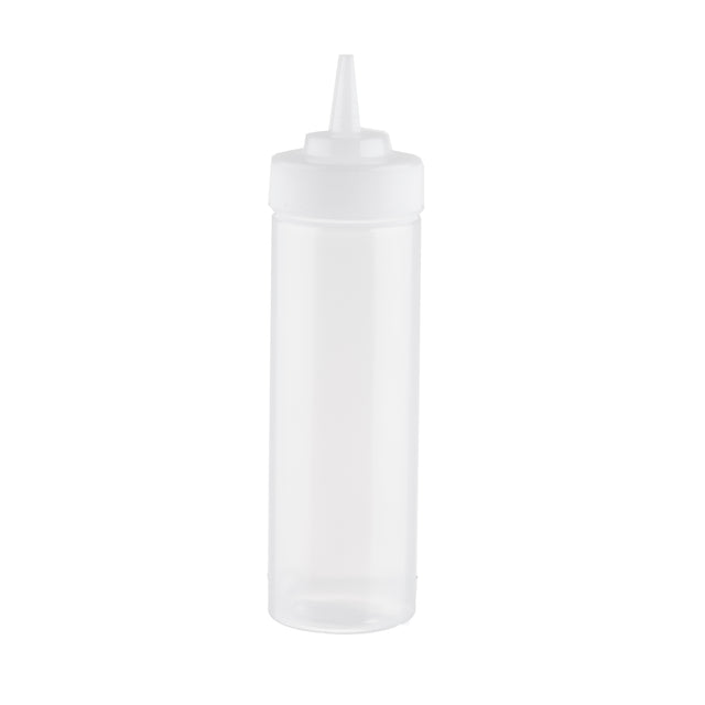 A clear, empty 12 oz WideMouth Squeeze Bottle with a white cone-shaped nozzle and matching screw-on cap stands upright on a white background. This cylindrical, translucent bottle is dishwasher safe and commonly used for sauces or condiments.