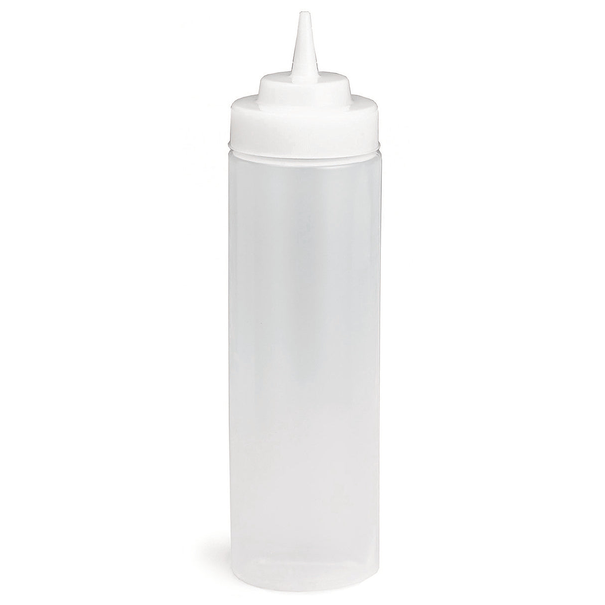 A clear, cylindrical 12 oz squeeze bottle with a white screw-on cap and pointed nozzle tip, perfect for condiments or sauces. This dishwasher safe squeeze bottle is empty and set against a plain white background.