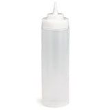 A clear, cylindrical 12 oz squeeze bottle with a white screw-on cap and pointed nozzle tip, perfect for condiments or sauces. This dishwasher safe squeeze bottle is empty and set against a plain white background.