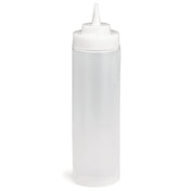 A clear, cylindrical 12 oz squeeze bottle with a white screw-on cap and pointed nozzle tip, perfect for condiments or sauces. This dishwasher safe squeeze bottle is empty and set against a plain white background.