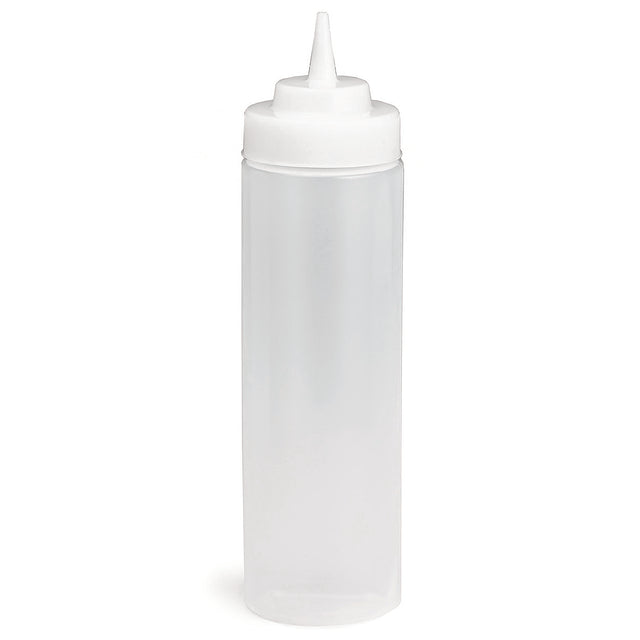 A clear, cylindrical 12 oz squeeze bottle with a white screw-on cap and pointed nozzle tip, perfect for condiments or sauces. This dishwasher safe squeeze bottle is empty and set against a plain white background.