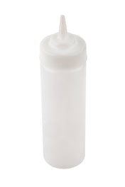 A clear, empty WideMouth Squeeze Bottle with a cylindrical shape, pointed nozzle tip, and screw-on cap. Dishwasher safe and NSF certified, it’s ideal for dispensing condiments or sauces in kitchens or restaurants.