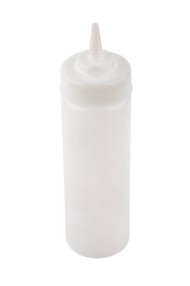 A clear, empty WideMouth Squeeze Bottle with a cylindrical shape, pointed nozzle tip, and screw-on cap. Dishwasher safe and NSF certified, it’s ideal for dispensing condiments or sauces in kitchens or restaurants.