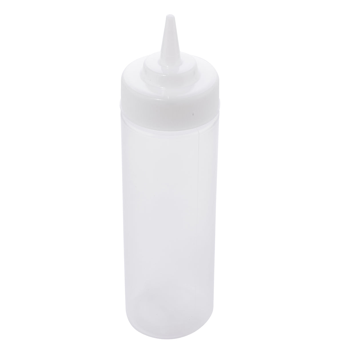 A clear, empty 12 oz squeeze bottle with a white, pointed nozzle cap. This cylindrical, upright WideMouth Squeeze Bottle is perfect for sauces or dressings and is dishwasher safe. The image shows the bottle on a plain white background.