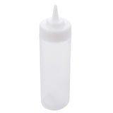 A clear, empty 12 oz squeeze bottle with a white, pointed nozzle cap. This cylindrical, upright WideMouth Squeeze Bottle is perfect for sauces or dressings and is dishwasher safe. The image shows the bottle on a plain white background.