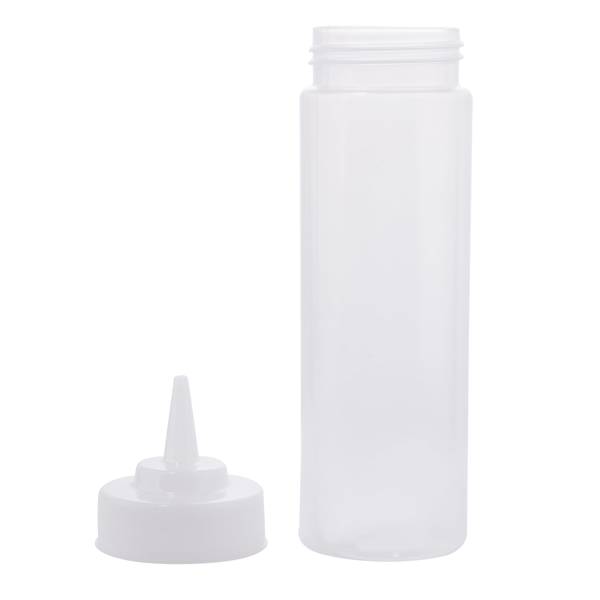 A clear, empty 12 oz squeeze bottle stands upright with a separate white, cone-shaped nozzle cap beside it on a white background. This WideMouth Squeeze Bottle is cylindrical, translucent, and perfect for dispensing liquids or sauces.