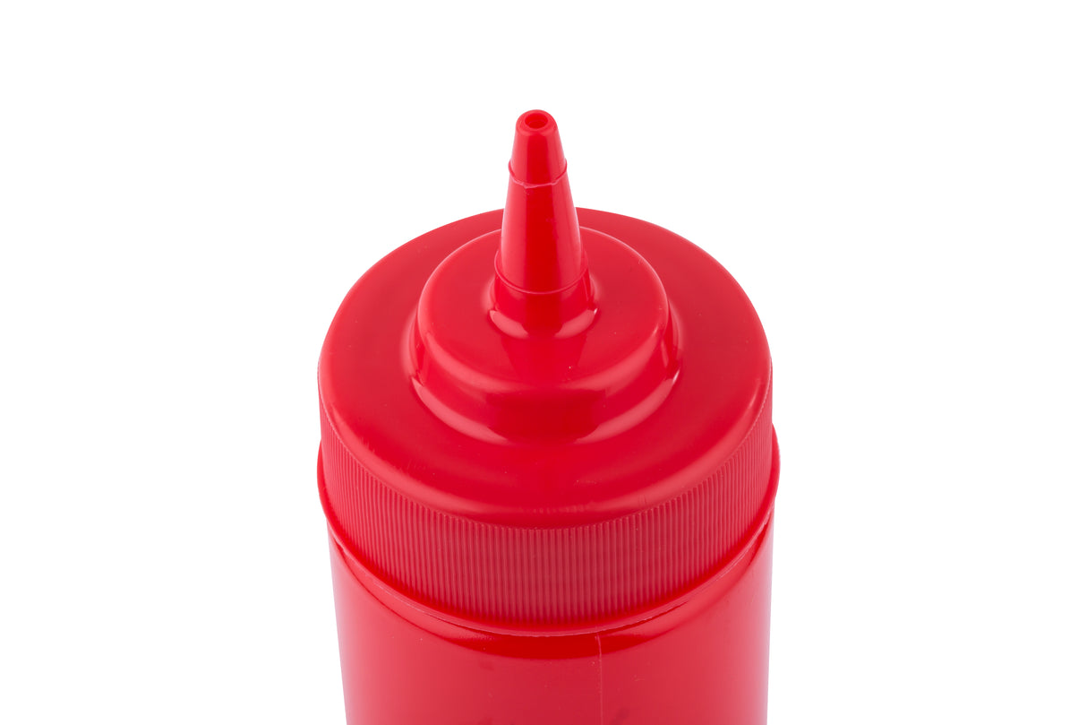 A close-up view of a red ketchup bottle with a narrow, pointed nozzle, typically used for condiments. This 12 oz squeeze bottle is photographed from above against a white background.