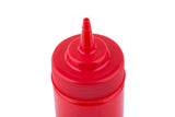 A close-up view of a red ketchup bottle with a narrow, pointed nozzle, typically used for condiments. This 12 oz squeeze bottle is photographed from above against a white background.
