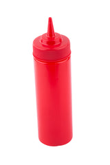 A bright red, cylindrical 12 oz squeeze bottle with a twist-off cap and pointed nozzle, commonly used as a ketchup bottle for dispensing condiments. The WideMouth Squeeze Bottle stands upright on a white background.