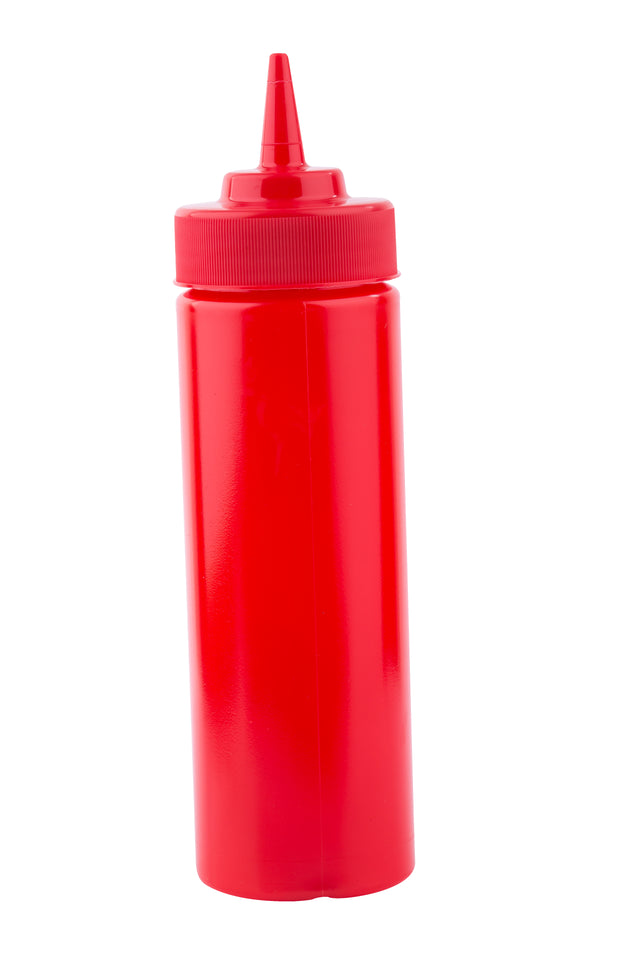 A bright red ketchup bottle, featuring a pointed nozzle and screw-on cap, stands upright against a plain white background. This 12 oz squeeze bottle is perfect for dispensing ketchup or other condiments with ease.