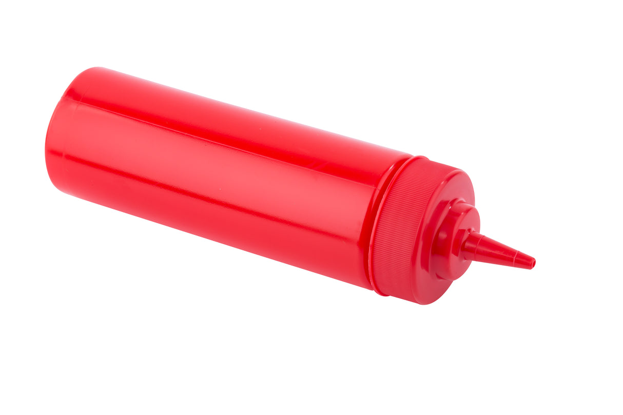 A bright red 12 oz squeeze bottle with a pointed nozzle cap lies on its side against a plain white background. The unmarked ketchup bottle is typically used for condiments and features a classic, versatile design.