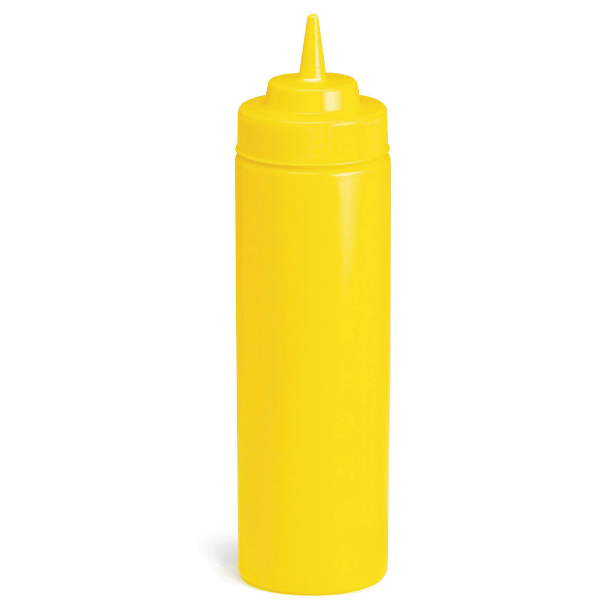 A tall, cylindrical yellow mustard squeeze bottle with a pointed nozzle cap, perfect for dispensing condiments. This 12 oz squeeze bottle is plain, label-free, and stands upright against a white background.