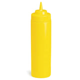 A tall, cylindrical yellow mustard squeeze bottle with a pointed nozzle cap, perfect for dispensing condiments. This 12 oz squeeze bottle is plain, label-free, and stands upright against a white background.