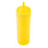 A bright yellow 12 oz mustard squeeze bottle with a cone-shaped nozzle tip and ribbed screw-on cap, standing upright on a white background. The WideMouth Squeeze Bottle is perfect for condiments like mustard or sauces.