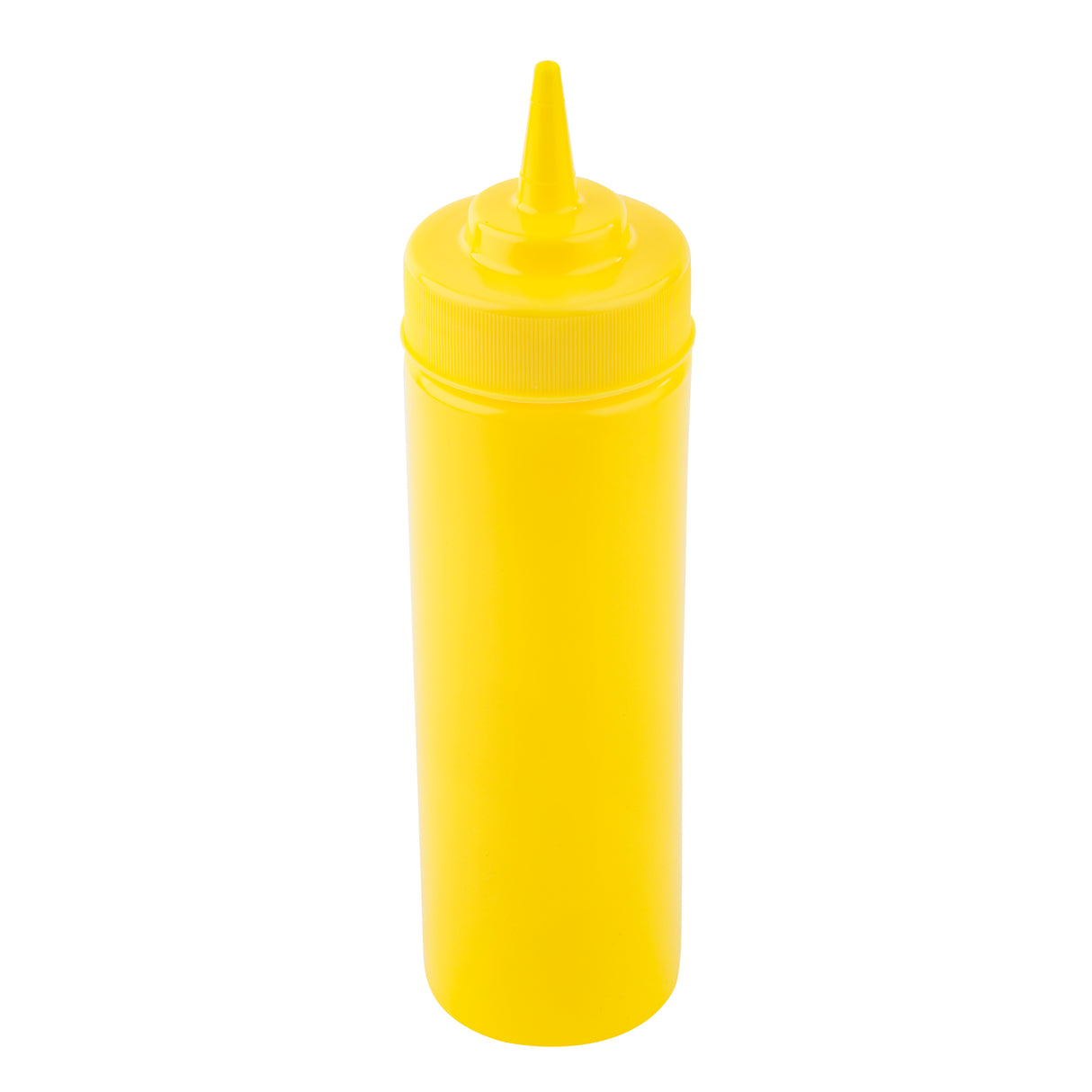 A bright yellow 12 oz squeeze bottle with a pointed nozzle cap stands upright on a white background, perfect for dispensing condiments like mustard. Its smooth, unmarked surface features ridges near the top for gripping the cap.