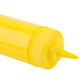 A close-up of a bright yellow mustard squeeze bottle with a pointed nozzle, typically used for condiments. The 12 oz squeeze bottle lies on its side against a white background, highlighting its cylindrical shape and ribbed cap.