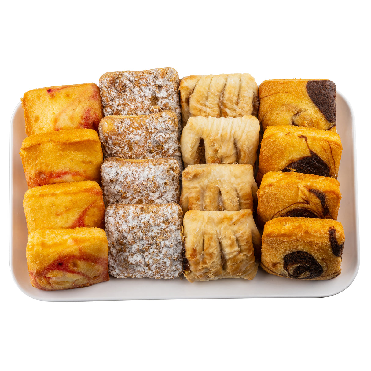 A rectangular white melamine serving platter holds fifteen assorted pastries in three rows: yellow sponge cakes with red swirls, powdered sugar-topped pastries, flaky golden pastries, and pastries with dark chocolate swirls, all neatly arranged.
