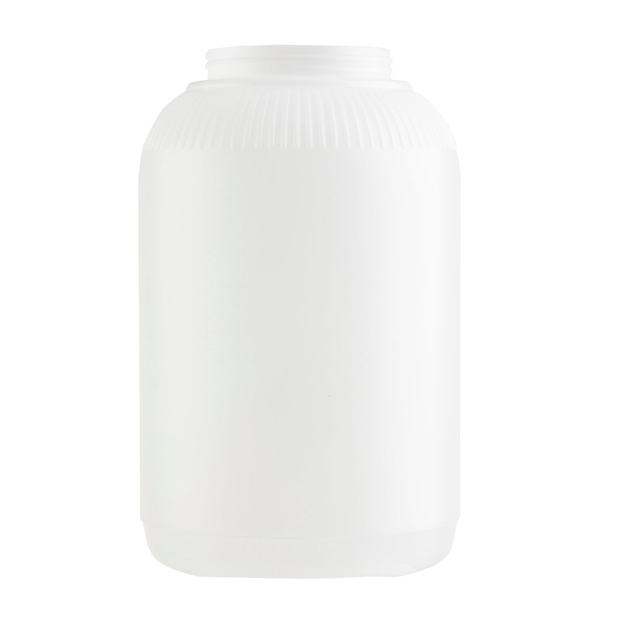 A plain, large, 1 gallon white plastic jar with a wide mouth and no label stands upright on a white background. The PourMaster-style container has a slight ribbed texture near the top and a smooth, rounded body. The lid is not attached, leaving it open.