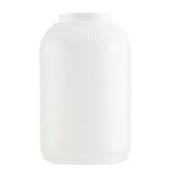 A plain, large, 1 gallon white plastic jar with a wide mouth and no label stands upright on a white background. The PourMaster-style container has a slight ribbed texture near the top and a smooth, rounded body. The lid is not attached, leaving it open.