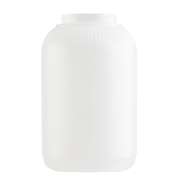 A plain, large, 1 gallon white plastic jar with a wide mouth and no label stands upright on a white background. The PourMaster-style container has a slight ribbed texture near the top and a smooth, rounded body. The lid is not attached, leaving it open.