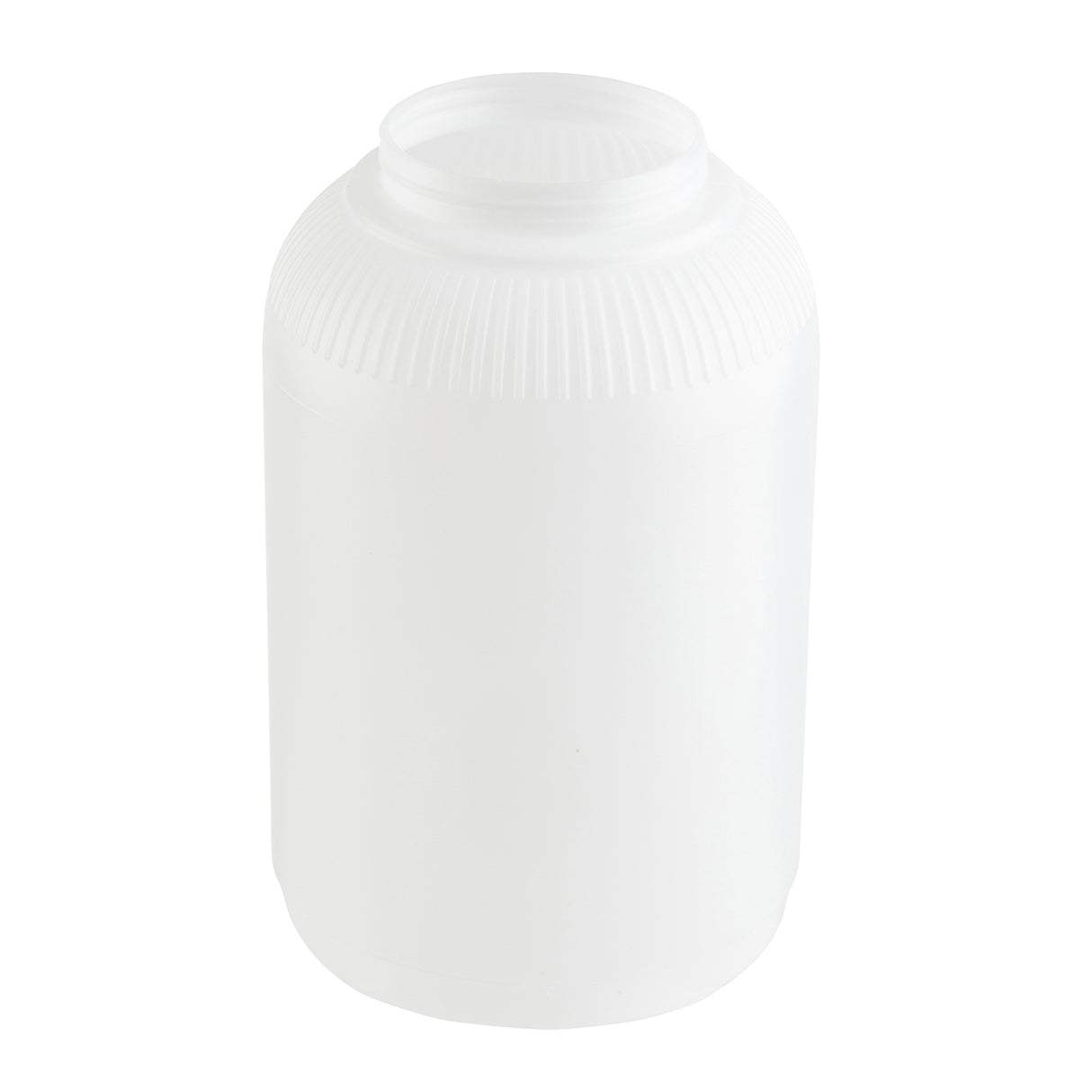 A plain, white, opaque 1 gallon plastic jar with a wide opening and no lid. The cylindrical PourMaster container features a slightly tapered top and ribbed texture around the neck, sitting on a white background. Dispenser Only.