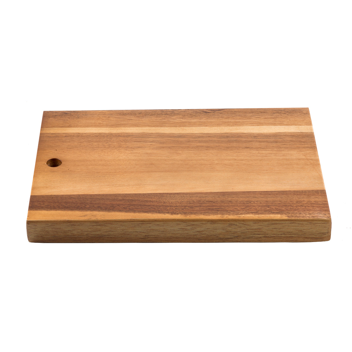 A rectangular Acacia Serving Board with light and dark brown stripes, featuring a small round hole near one corner for hanging. The edges are smooth and the surface appears clean and polished.